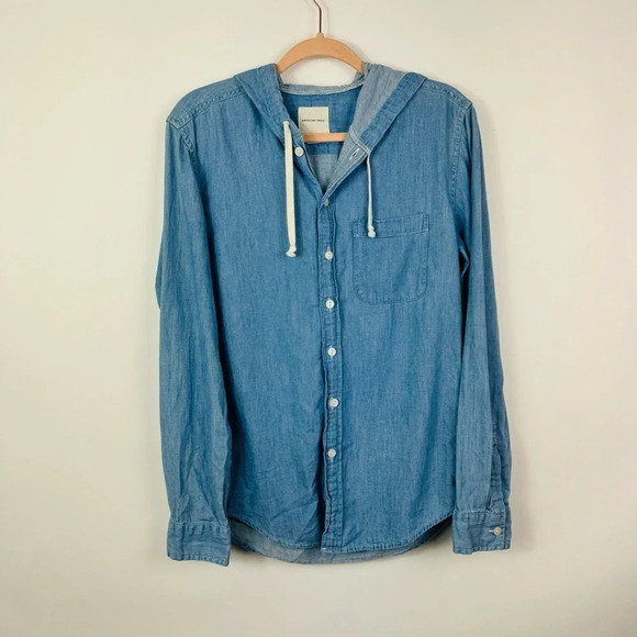 American Eagle Chambray Hoodie Button‎ Up Shirt Size Small - Picture 1 of 7